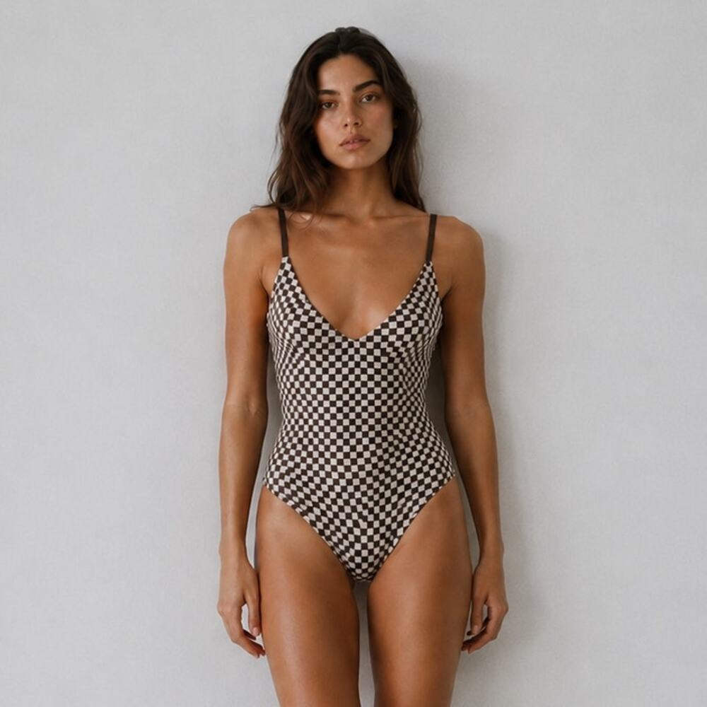 The Great Checkerboard One Piece Swimsuit Womens 0 Green Nylon V-neck